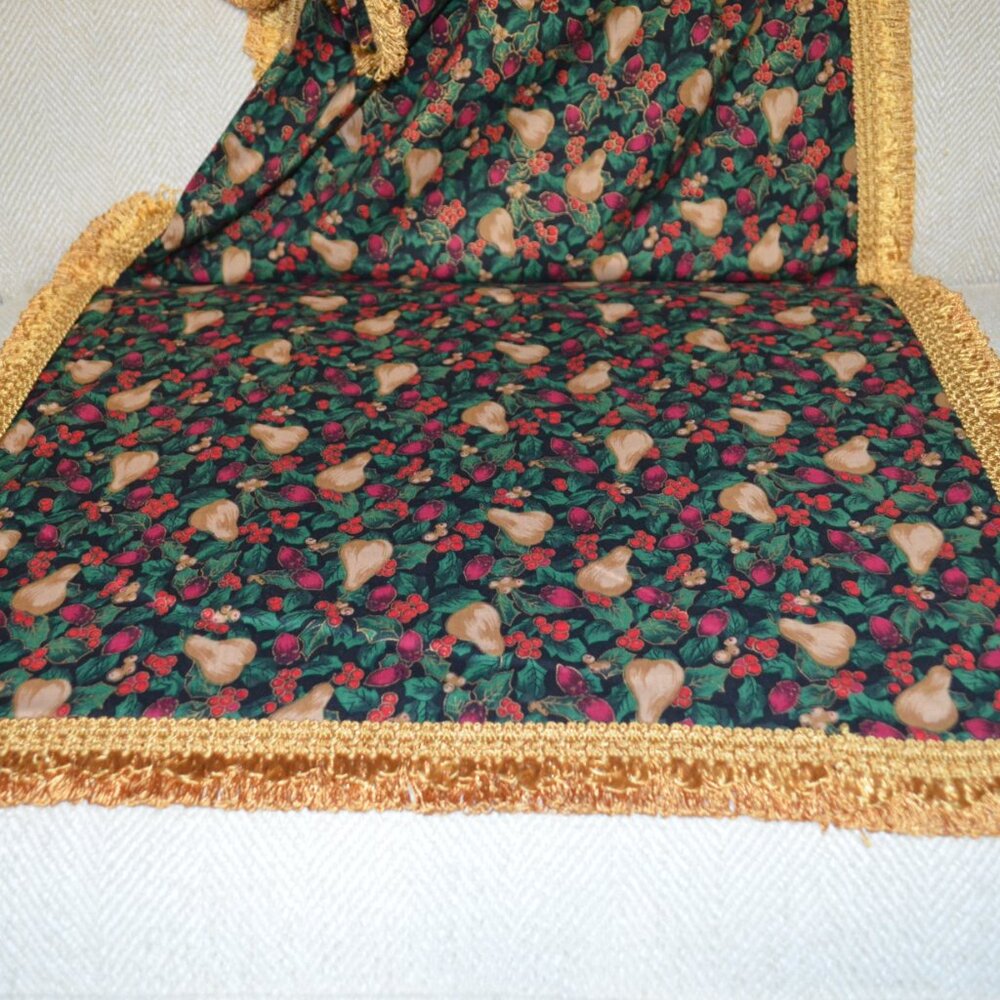 Holiday Table Runner, Pear & Berry Print, Gold Fringe, 120 x 22", Handcrafted